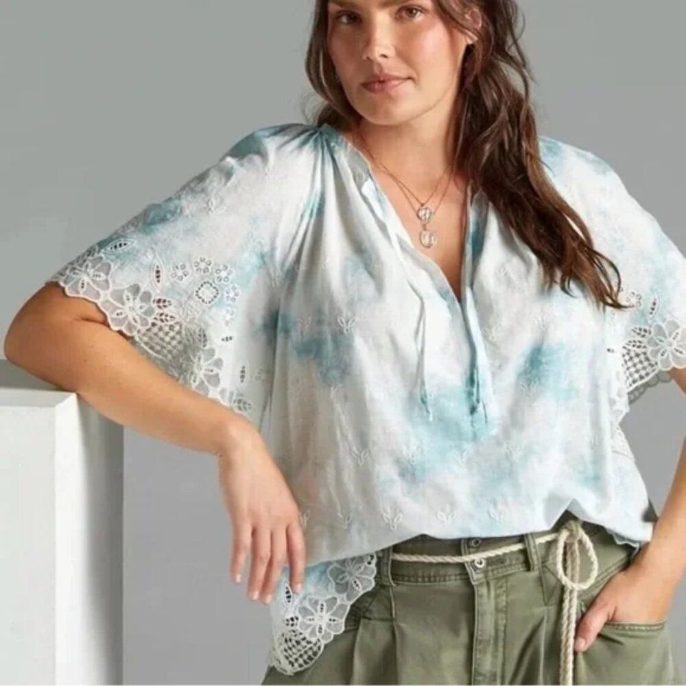 Anthropologie Olivia Embroidered Tie Dye Eyelet Boho Puff Sleeve Blouse